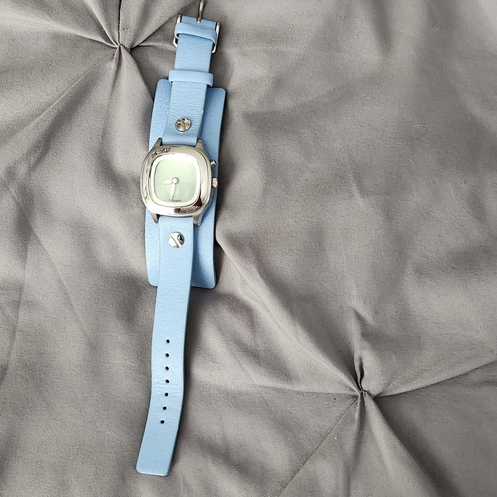Fossil Big Tic Watch Blue Leather Cuff Strap Stainless Steel JR-8123 Y2K Vintage